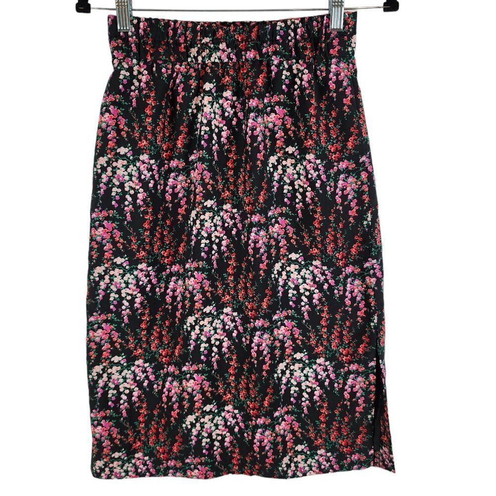 J. Crew Factory Like‎ New Black Pink Red Floral Pull-On Skirt Midi Pencil sz XXS
